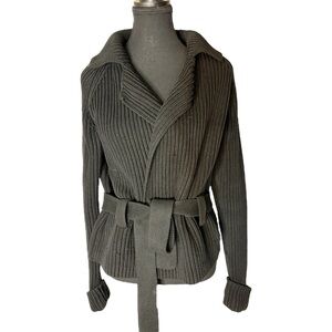 GAP Black Thick Knit Ribbed Open Front Cardigan Tie Belt Cotton Size Large